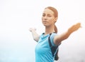 Portrait, fitness and stretching with sports woman outdoor in mountains for morning cardio training. Exercise, health Royalty Free Stock Photo