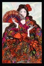 Portrait of a flamenco Spanish dancer woman with fan in a red dress