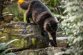 Portrait of a fluffy black cat exploring a lush tropical garden