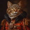 Portrait with Fluffy Cat Dressed Up as General, Tsar or Imperator. Cat in Elegant Bright Clothes. Cat as Commander in Chief Royalty Free Stock Photo