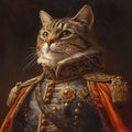 Portrait with Fluffy Cat Dressed Up as General, Tsar or Imperator. Cat in Elegant Bright Clothes. Cat as Commander in Chief Royalty Free Stock Photo