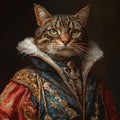 Portrait with Fluffy Cat Dressed Up as General, Tsar or Imperator. Cat in Elegant Bright Clothes. Cat as Commander in Chief Royalty Free Stock Photo