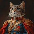 Portrait with Fluffy Cat Dressed Up as General, Tsar or Imperator. Cat in Elegant Bright Clothes. Cat as Commander in Chief Royalty Free Stock Photo