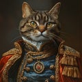 Portrait with Fluffy Cat Dressed Up as General, Tsar or Imperator. Cat in Elegant Bright Clothes. Cat as Commander in Chief Royalty Free Stock Photo