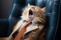 portrait of fluffy sleepy cat yawing