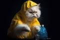 Portrait of a fluffy white Persian cat, dressed in a yellow hazmat suit and holding a small bag of blue crystals Cat as Breaking