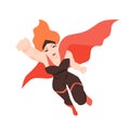 Portrait of flying superwoman or superheroine. Redhead woman with super powers isolated on white background. Strong