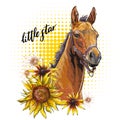 Portrait of a foal and flowers vector hand drawn illustration Royalty Free Stock Photo
