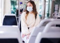 Portrait of a focused girl in a protective mask riding on public transport