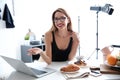 Portrait of food blogger with laptop Royalty Free Stock Photo