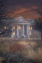 Portrait format 3D rendering of a creepy old decaying mansion house surrounded by long grass and trees