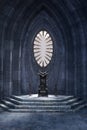 Portrait format 3D rendering of a fantasy medieval throne room with arched stone wall and large oval window