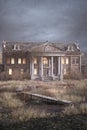 Portrait format 3D rendering of an old wooden boardwalk leading across a swamp to a creepy old mansion house with dark grey sky