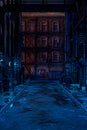 Portrait format 3D rendering of a seedy cyberpunk city backstreet in the evening