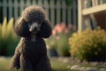 Regal dark grey poodle in garden setting