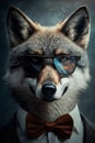 Portrait of a fox with glasses and bow tie on dark background. Royalty Free Stock Photo