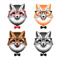 Portrait of a fox with glasses. fox with bow tie. fox hipster. Set of portraits of a fashionable fox. hipster style. Royalty Free Stock Photo