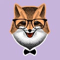 Portrait of a fox in glasses. fox with bow-tie. Fox hipster style. sly fox smiles. for poster, print or t-shirt. Liar Royalty Free Stock Photo