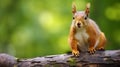 Portrait of fox squirrel (Sciurus niger) sitting on branch isolated on green. generative ai