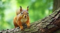 Portrait of fox squirrel (Sciurus niger) sitting on branch isolated on green. generative ai