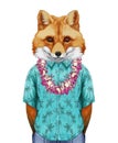 Portrait of Fox in summer shirt with Hawaiian Lei.