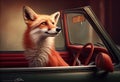 Portrait of a fox traveling in a cabriolet . Generate Ai.