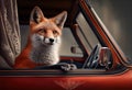 Portrait of a fox traveling in a cabriolet . Generate Ai.