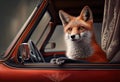 Portrait of a fox traveling in a cabriolet . Generate Ai.