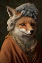 Portrait of a fox wearing a medieval suit, copy space, Generative AI