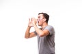 Portrait of France football fan scream laud support France national team on white background. Football fans concept.