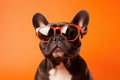 Portrait French Bulldog Dog With Sunglasses Orange Background