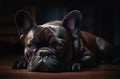 Portrait of a French bulldog lying on the floor at home. Dog mozzle close-up