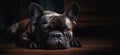 Portrait of a French Bulldog lying on a wooden floor