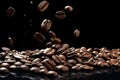 portrait of fresh coffee beans falling down on black background