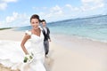 Portrait of freshly married couple on the beach feeling happy Royalty Free Stock Photo