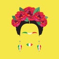 Portrait of Frida Kahlo minimalist Mexican woman with skulls of earrings and red flowers, Mexican flag, isolated Royalty Free Stock Photo