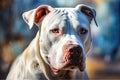 Portrait of a friendly and adorable white pitbull in light crimson and blue colors. Generative AI