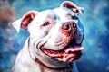 Portrait of a friendly and adorable white pitbull in light crimson and blue colors. Generative AI