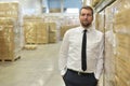 portrait friendly businessman manager in suit working in the warehouse of a company