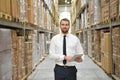 portrait friendly businessman manager in suit working in the warehouse of a company - control of inventories