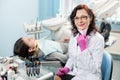 Portrait of friendly female dentist with patient in the chair at the dental office Royalty Free Stock Photo