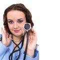 Portrait of a friendly female doctor with stethoscope isolated on white Royalty Free Stock Photo