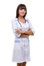 Portrait of a friendly female doctor with stethoscope isolated on white Royalty Free Stock Photo