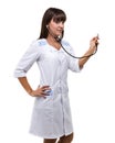 Portrait of a friendly female doctor with stethoscope isolated on white Royalty Free Stock Photo
