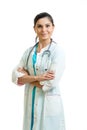 Portrait of a friendly female doctor on white background