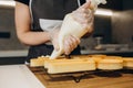 Portrait of friendly smiling female professional confectioner topping a cupcake with cream using a pastry bag. Looking Royalty Free Stock Photo