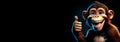 Portrait of a Friendly Smiling Monkey Making Thumbs Up Isolated on Black Background - Generative Ai