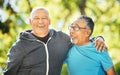 Portrait, friends and senior men in fitness hug at park outdoor after exercise, workout or training together for healthy