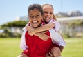 Portrait, friends and soccer player bonding at a field, having fun after sports game outdoors. Diversity, children and Royalty Free Stock Photo