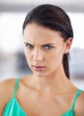 Portrait, frown and angry with woman, frustrated and emotions with expression and news. Face, person and girl with Royalty Free Stock Photo